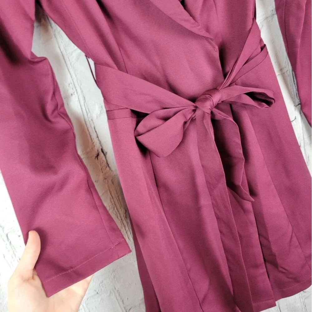Milk & Honey burgundy red long sleeve belted wrap short blazer dress - Picture 9 of 10